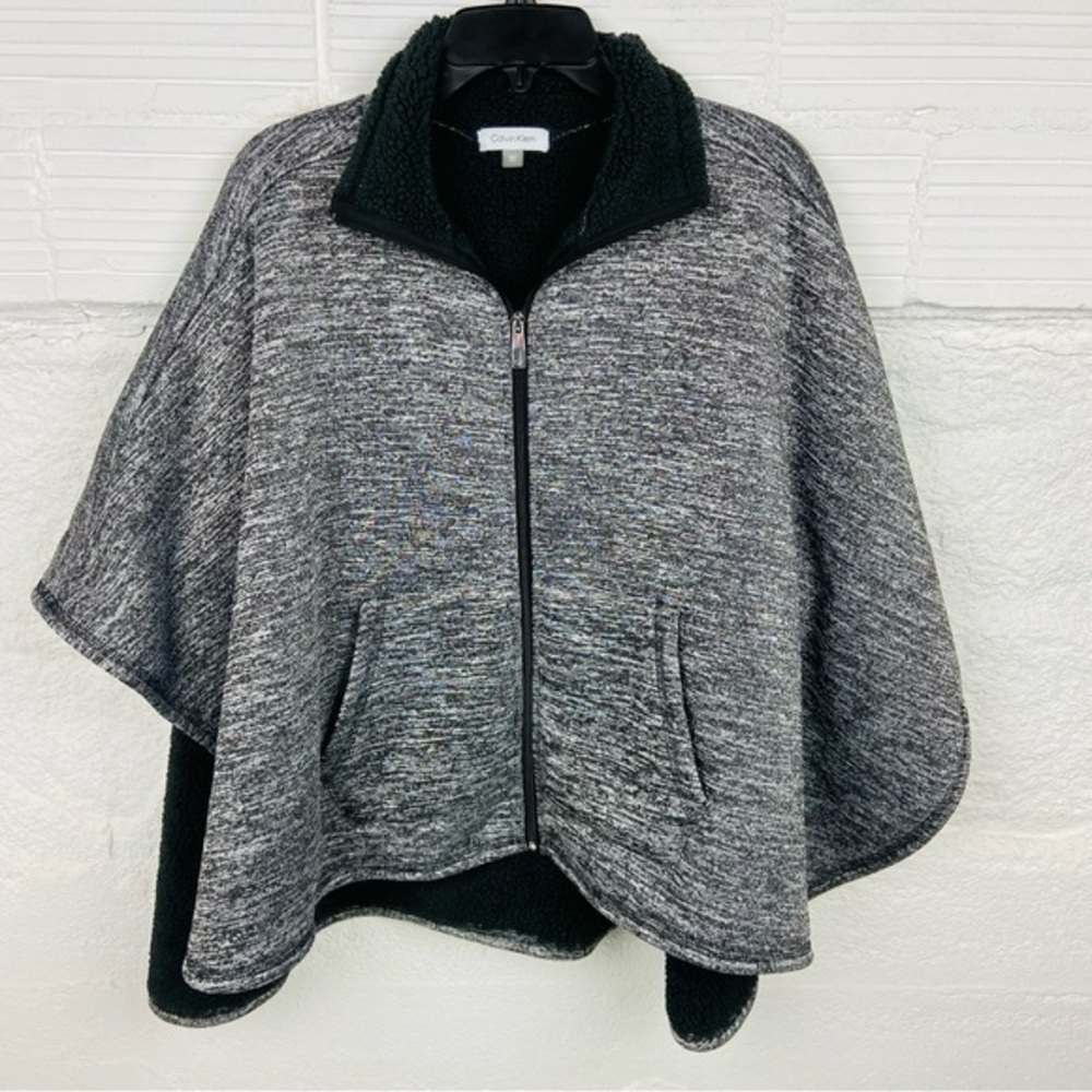 CALVIN KLEIN black & gray fleece lined warm poncho sweater size one size